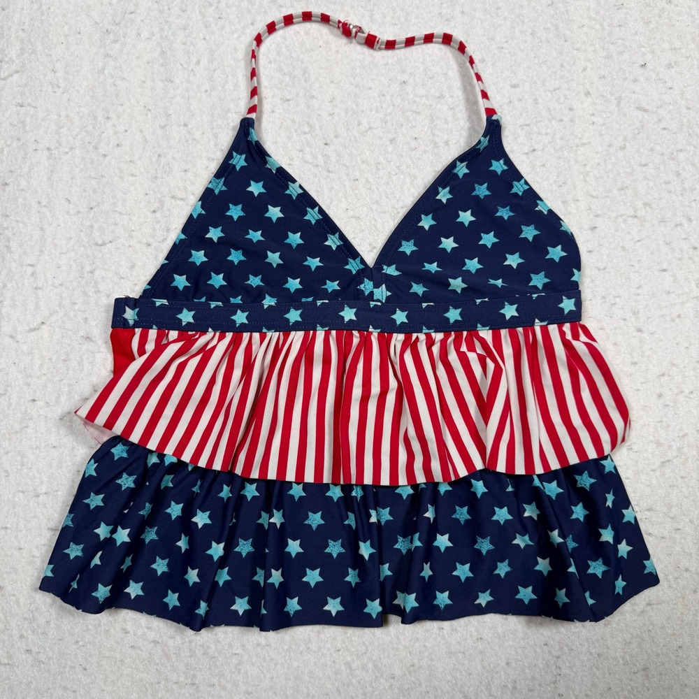 OP Girls Stars and Stripes Ruffle Tankini Top Red White Blue Size L 10-12